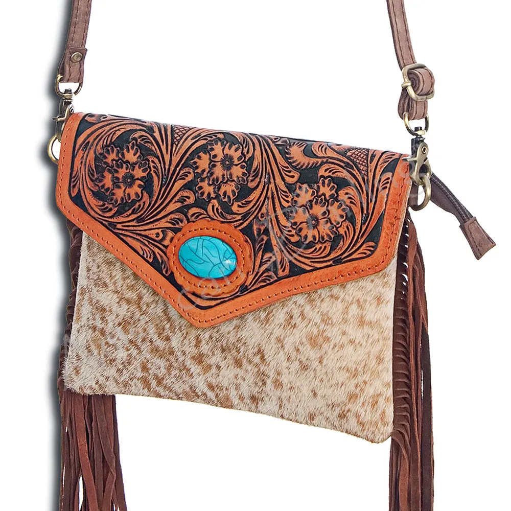 American Darling ADBGD101 Envelope Hand Tooled Hair-On Genuine Leather Women Bag Western Handbag Purse