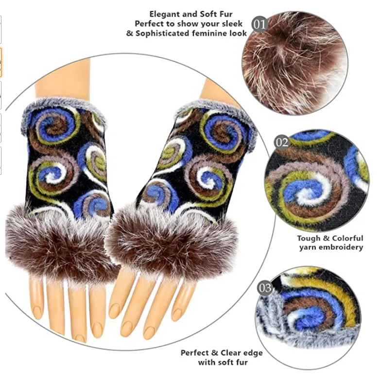 Blue Embroidery Fingerless Fur Glove