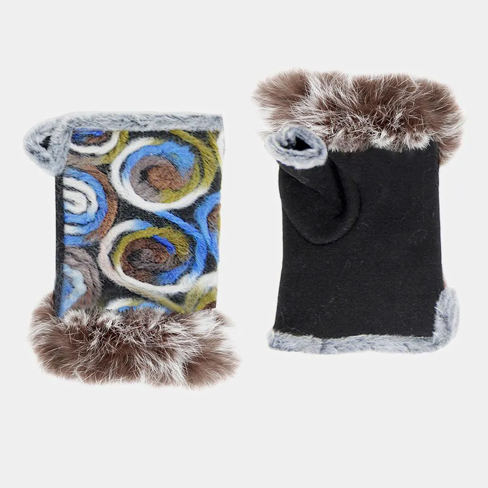 Blue Embroidery Fingerless Fur Glove