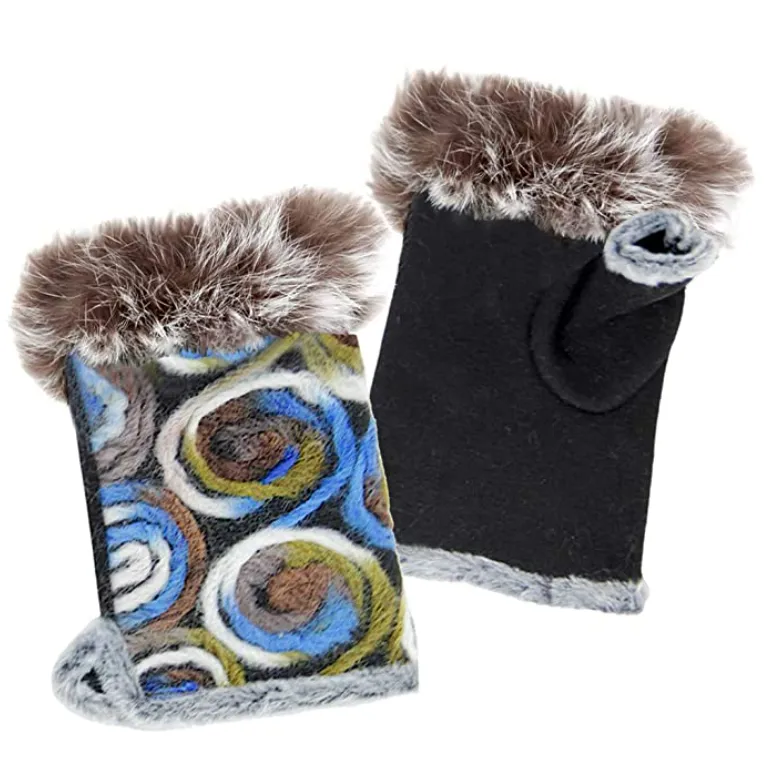 Blue Embroidery Fingerless Fur Glove