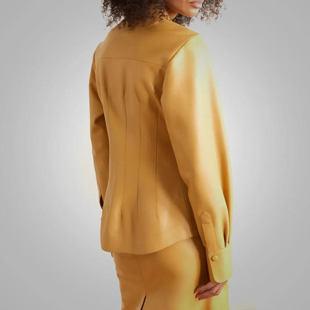 Brown Soft Smart Collar Sleeves Leather Shirt For Women