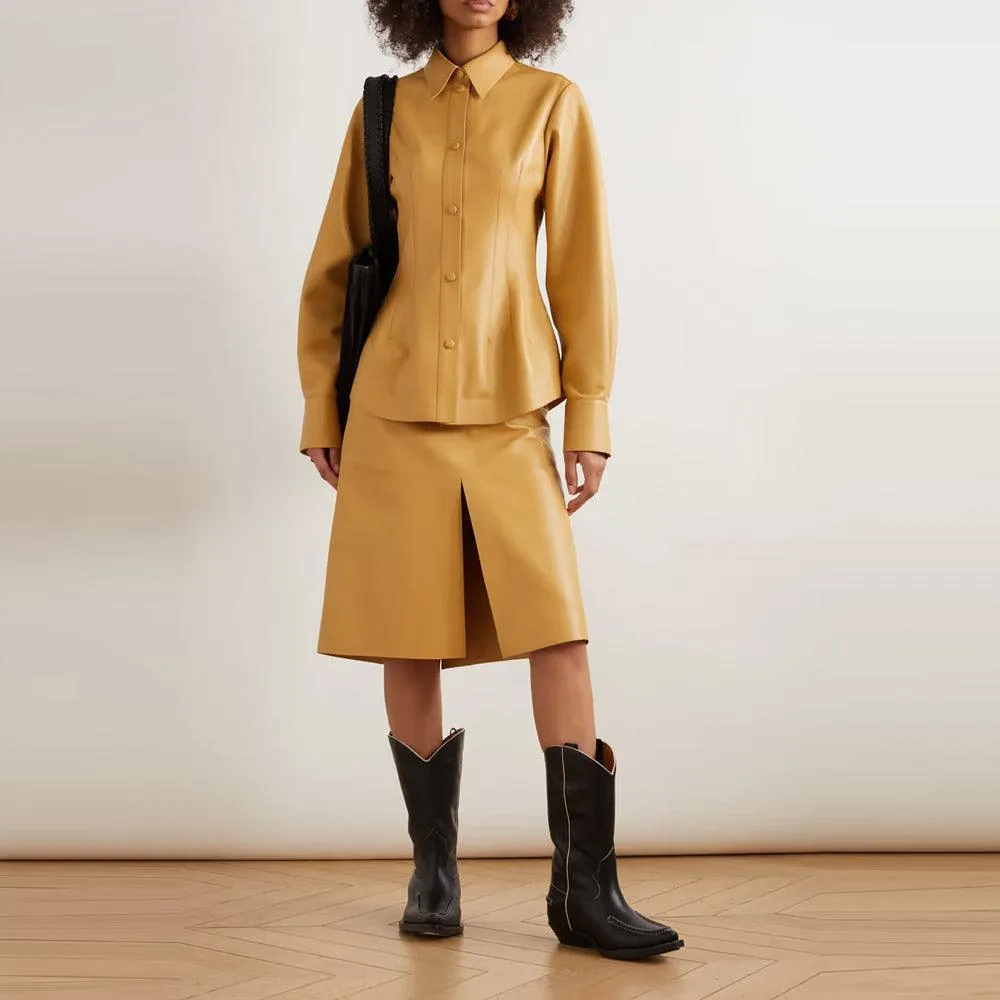 Brown Soft Smart Collar Sleeves Leather Shirt For Women
