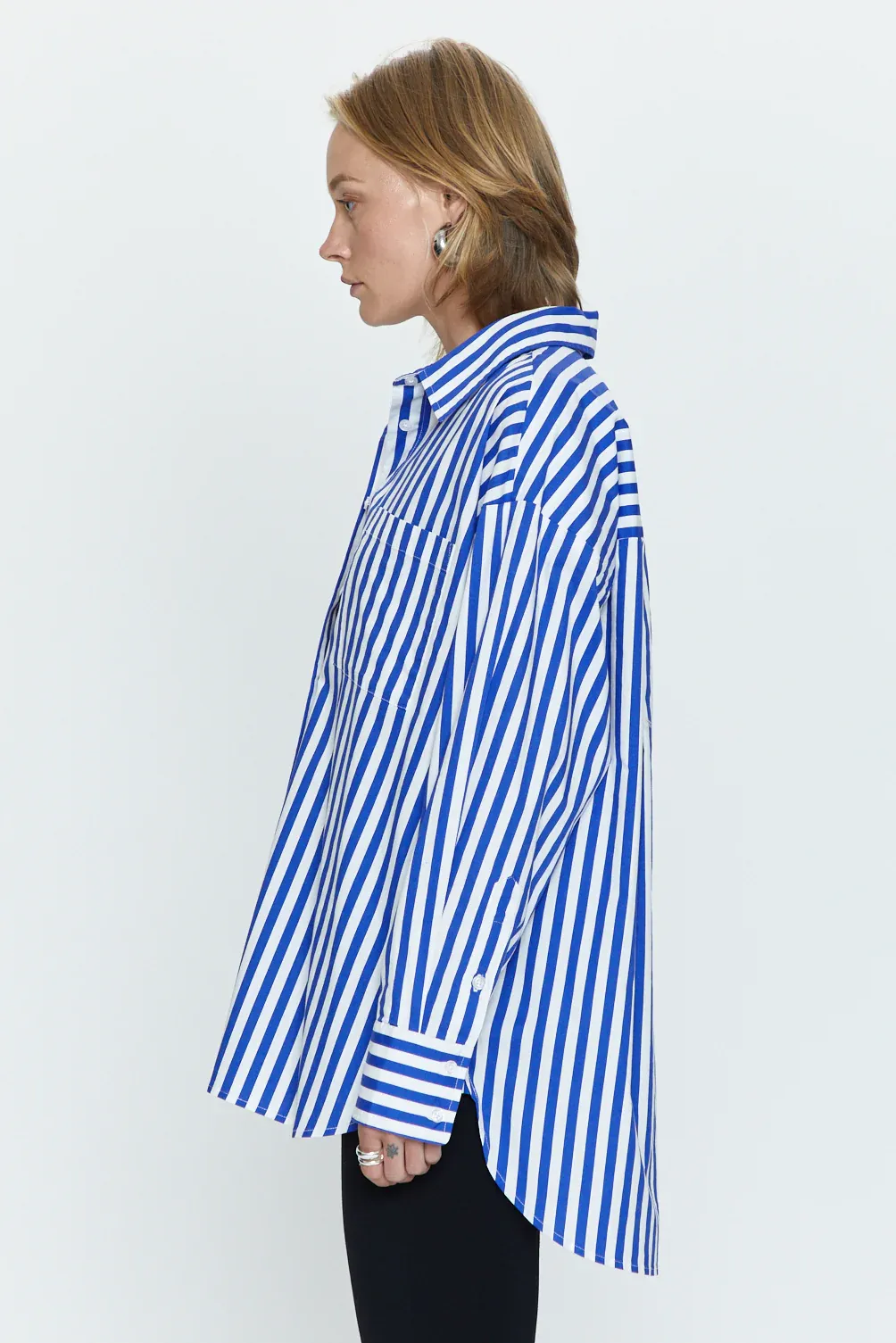 BUTTON DOWN TUNIC SHIRT - COBALT STRIPE