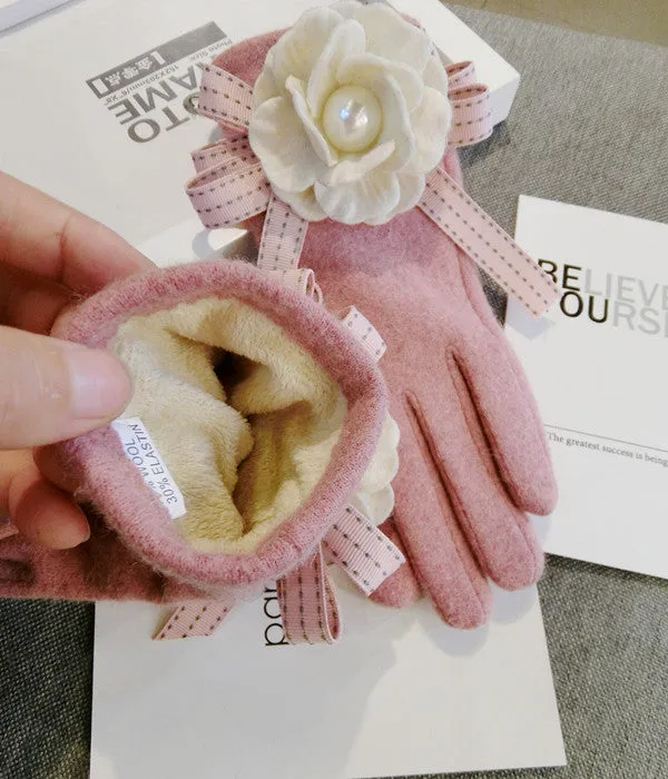 Cute Fashion Wool Five-Finger Bow Warm Gloves