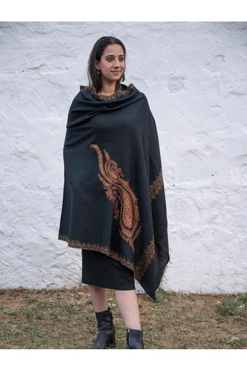 Exclusive, Fine Hand Embroidered Kashmiri Shawl - Black Paisleys