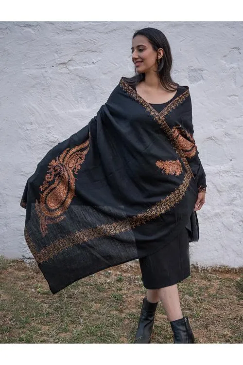 Exclusive, Fine Hand Embroidered Kashmiri Shawl - Black Paisleys