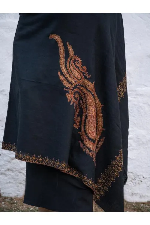 Exclusive, Fine Hand Embroidered Kashmiri Shawl - Black Paisleys