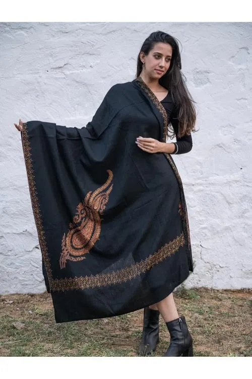 Exclusive, Fine Hand Embroidered Kashmiri Shawl - Black Paisleys