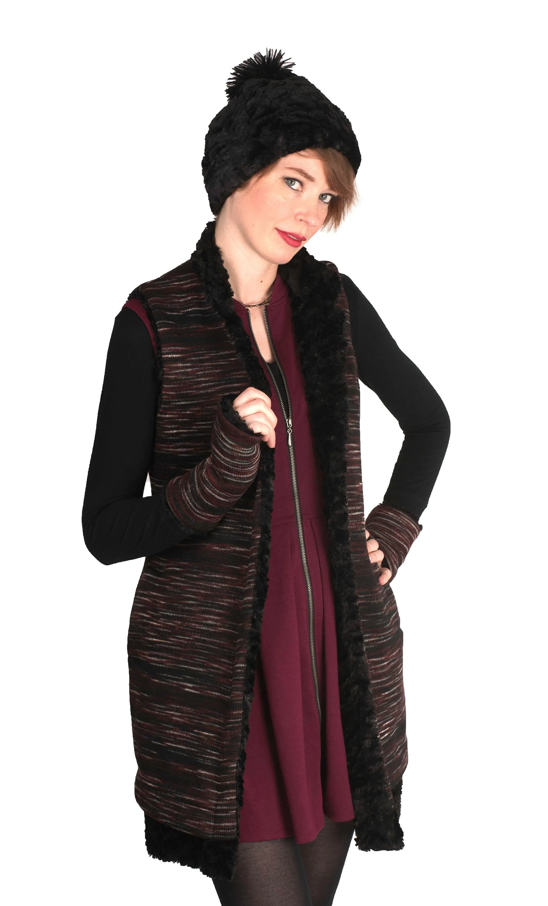 Fingerless / Texting Gloves (Mid-Length) - Sweet Stripes in Cherry Cordial with Cuddly Black Faux Fur