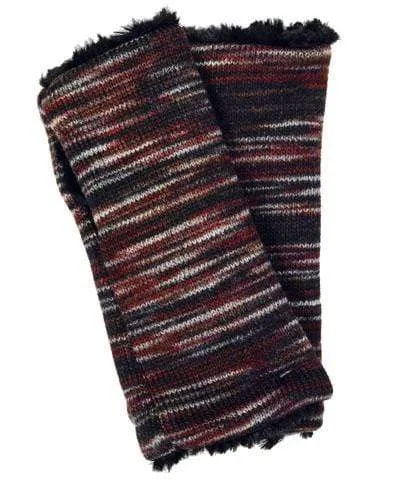 Fingerless / Texting Gloves (Mid-Length) - Sweet Stripes in Cherry Cordial with Cuddly Black Faux Fur