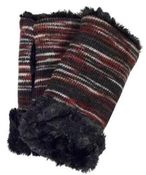 Fingerless / Texting Gloves (Mid-Length) - Sweet Stripes in Cherry Cordial with Cuddly Black Faux Fur