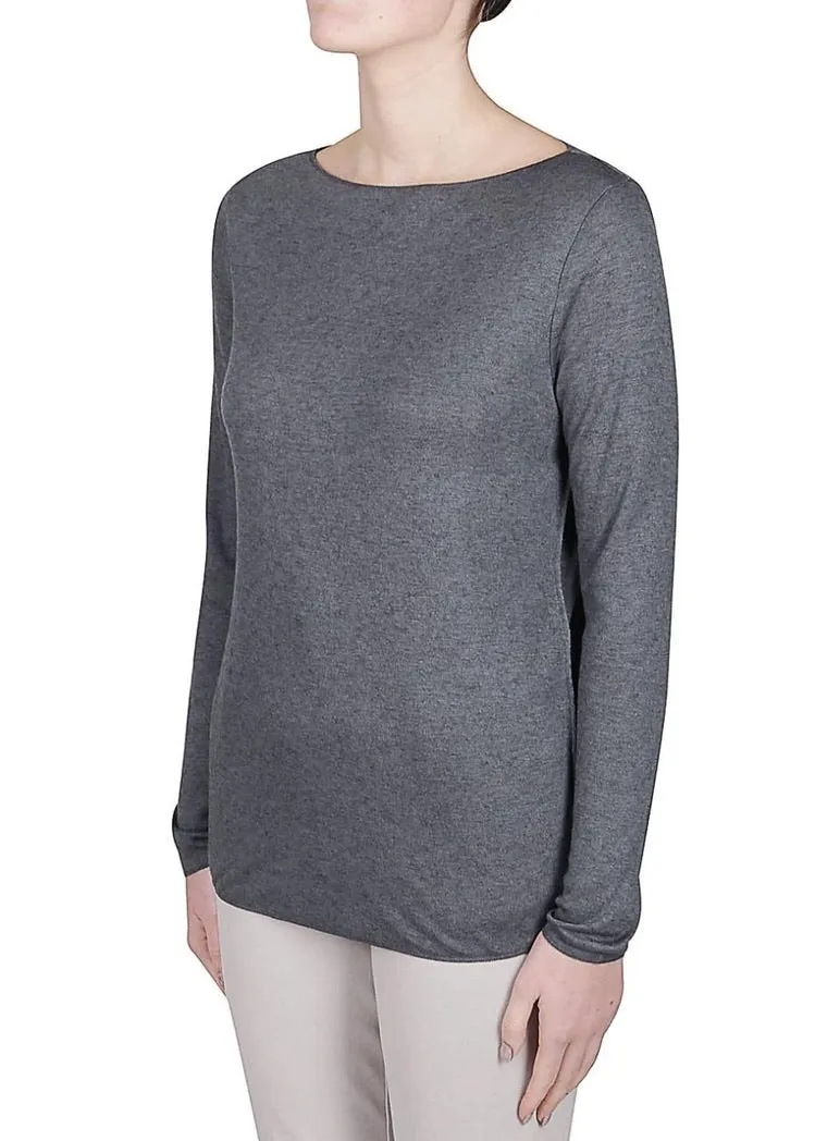 Fitted Wool Blend Boat Neck Long Sleeve Tee - Grey