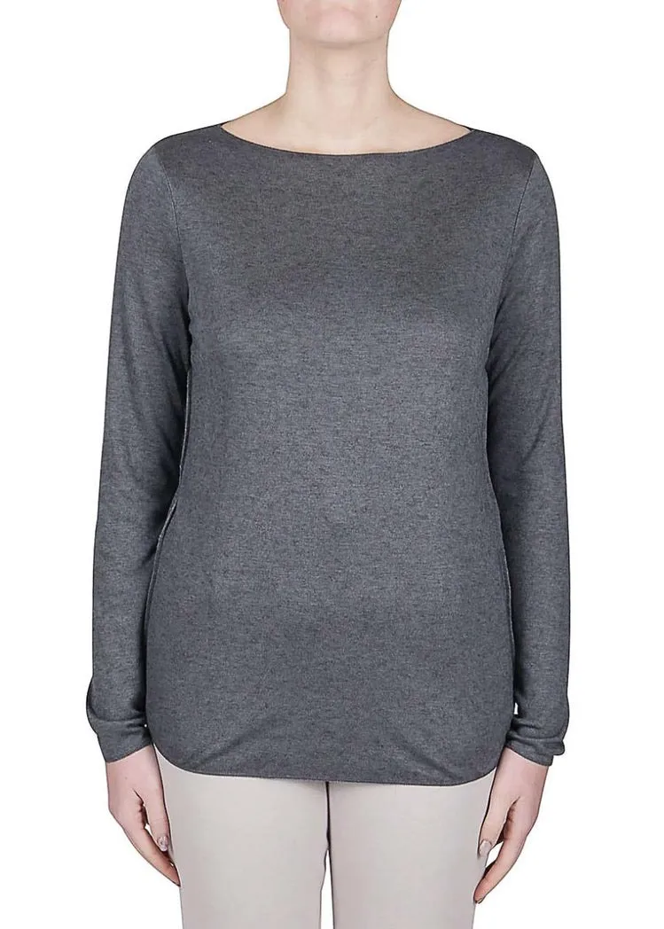 Fitted Wool Blend Boat Neck Long Sleeve Tee - Grey