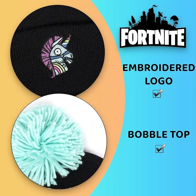 FORTNITE Children's Hat & Scarf Set - Black Woolly Hat & Gloves Llama Design - One Size Fits 12-16 Years - Official Merchandise