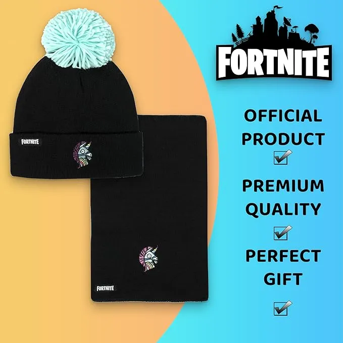 FORTNITE Children's Hat & Scarf Set - Black Woolly Hat & Gloves Llama Design - One Size Fits 12-16 Years - Official Merchandise