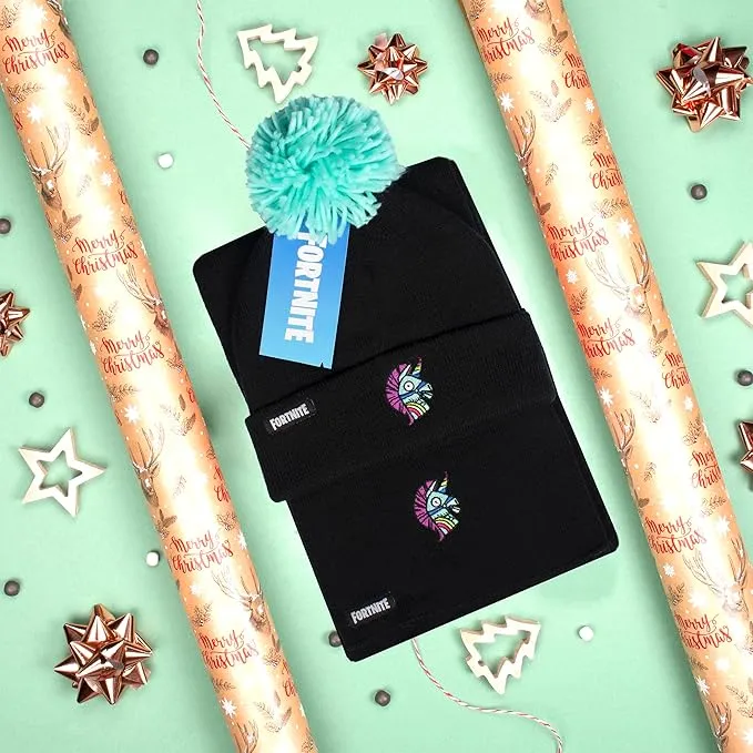 FORTNITE Children's Hat & Scarf Set - Black Woolly Hat & Gloves Llama Design - One Size Fits 12-16 Years - Official Merchandise