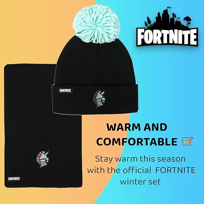 FORTNITE Children's Hat & Scarf Set - Black Woolly Hat & Gloves Llama Design - One Size Fits 12-16 Years - Official Merchandise