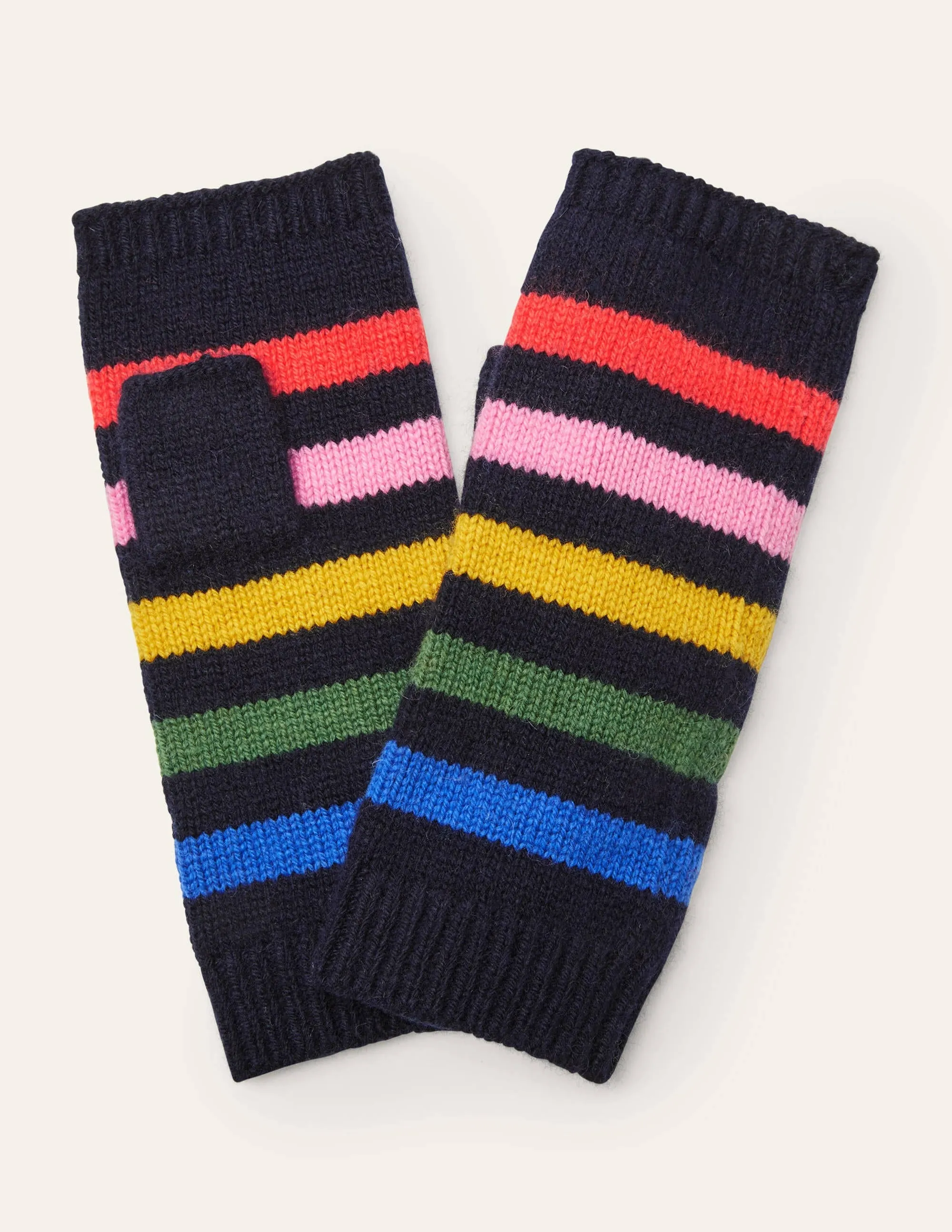 Knitted Fingerless Gloves-Navy, Multi Stripe
