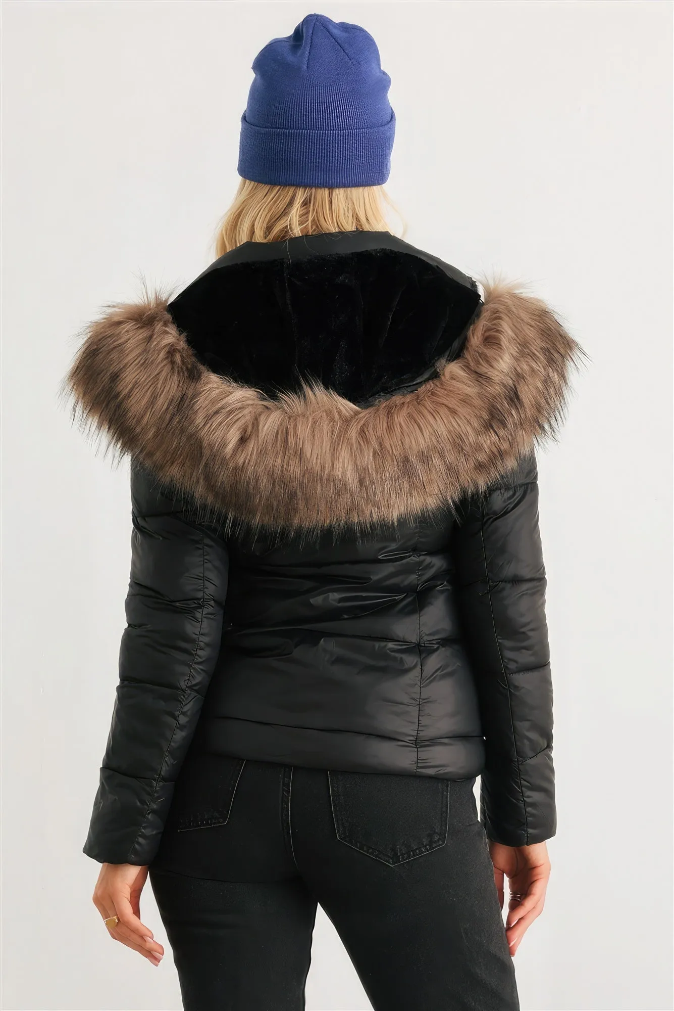 Long Sleeve Faux Fur Hood Padded Water Resistant Finish Jacket