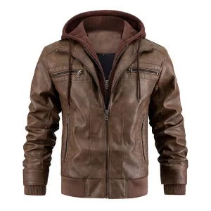 Men's Classic Vegan Leather Jacket with Hood and Zip Pockets | Ideal for Autumn/Winter