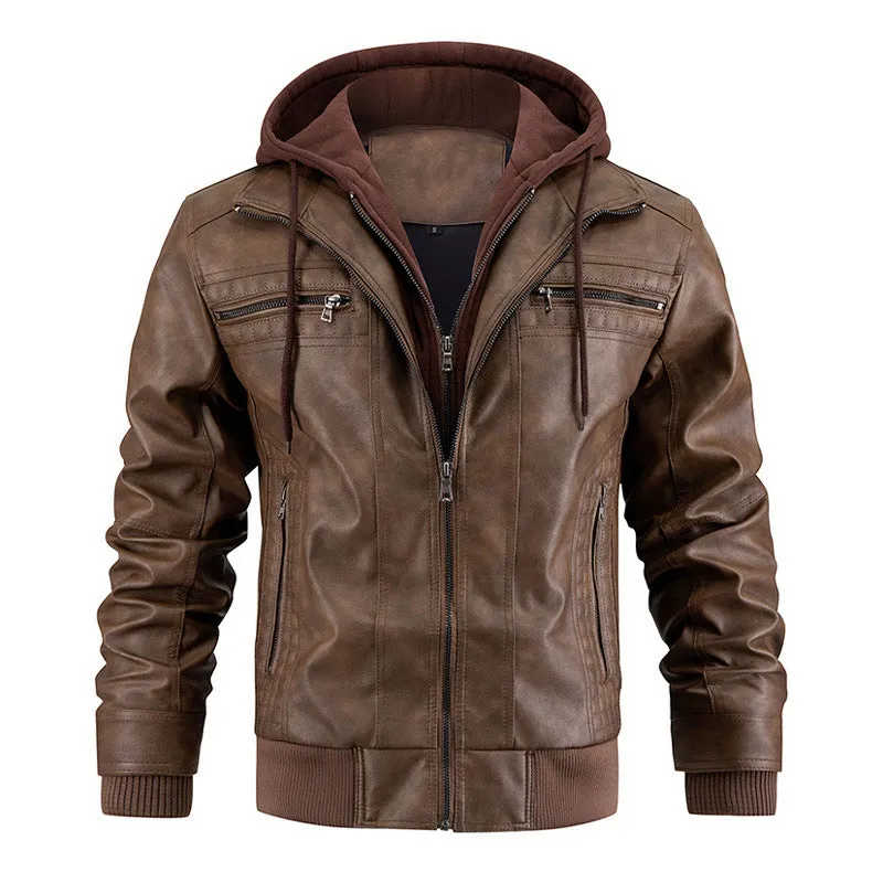 Men's Classic Vegan Leather Jacket with Hood and Zip Pockets | Ideal for Autumn/Winter