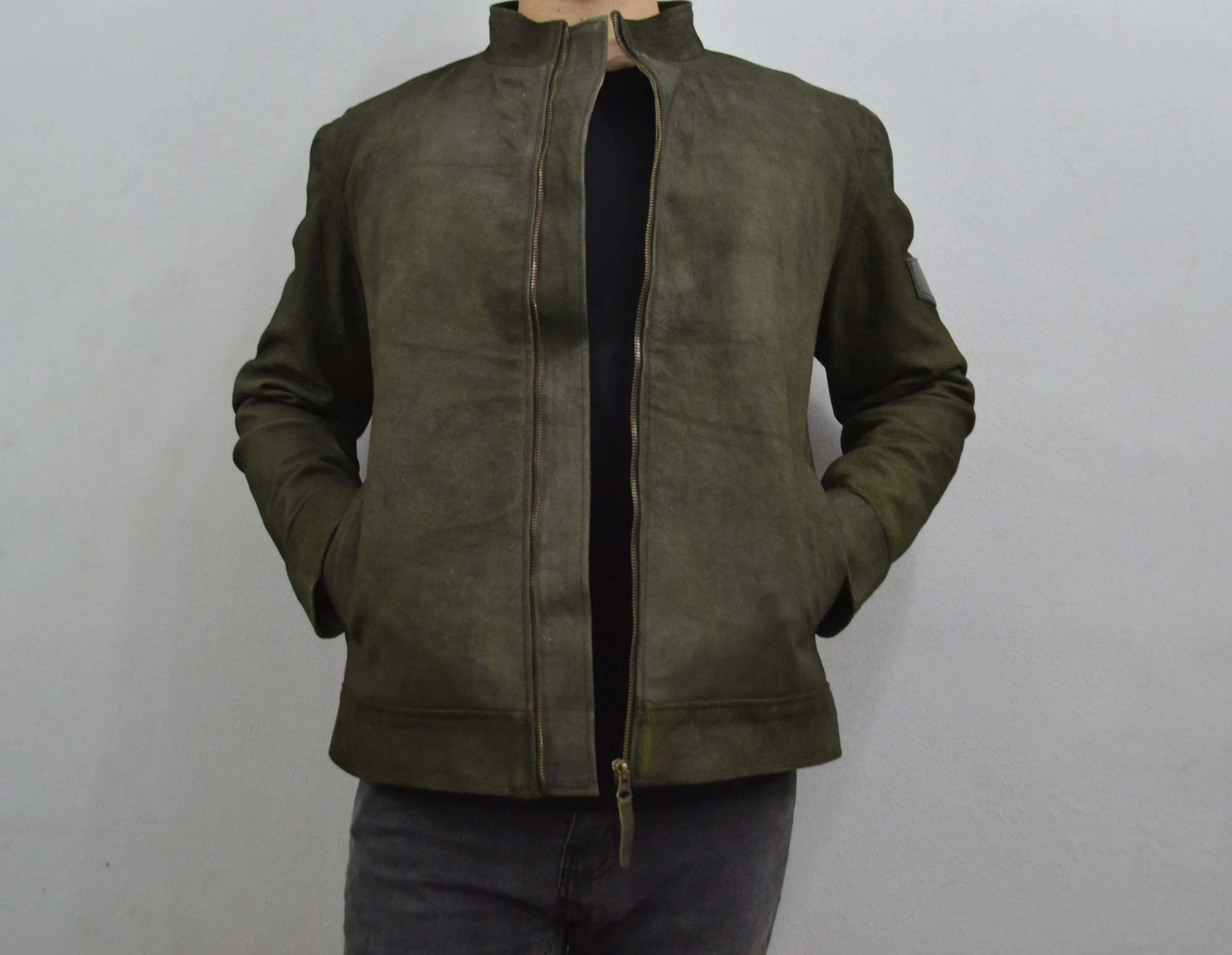 Men's Dark Green Genuine Suede Leather Cafe Racer Jacket