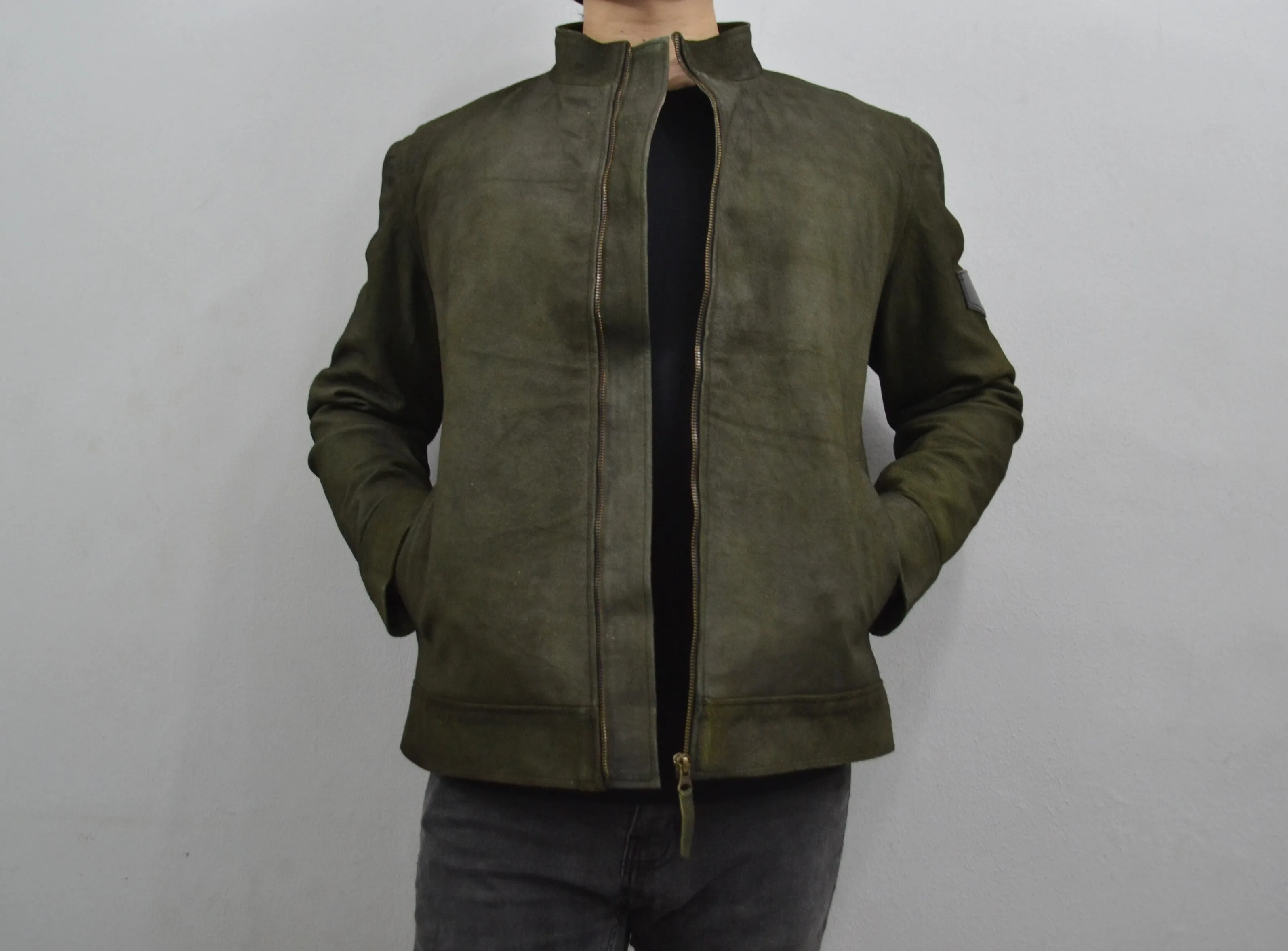 Men's Dark Green Genuine Suede Leather Cafe Racer Jacket