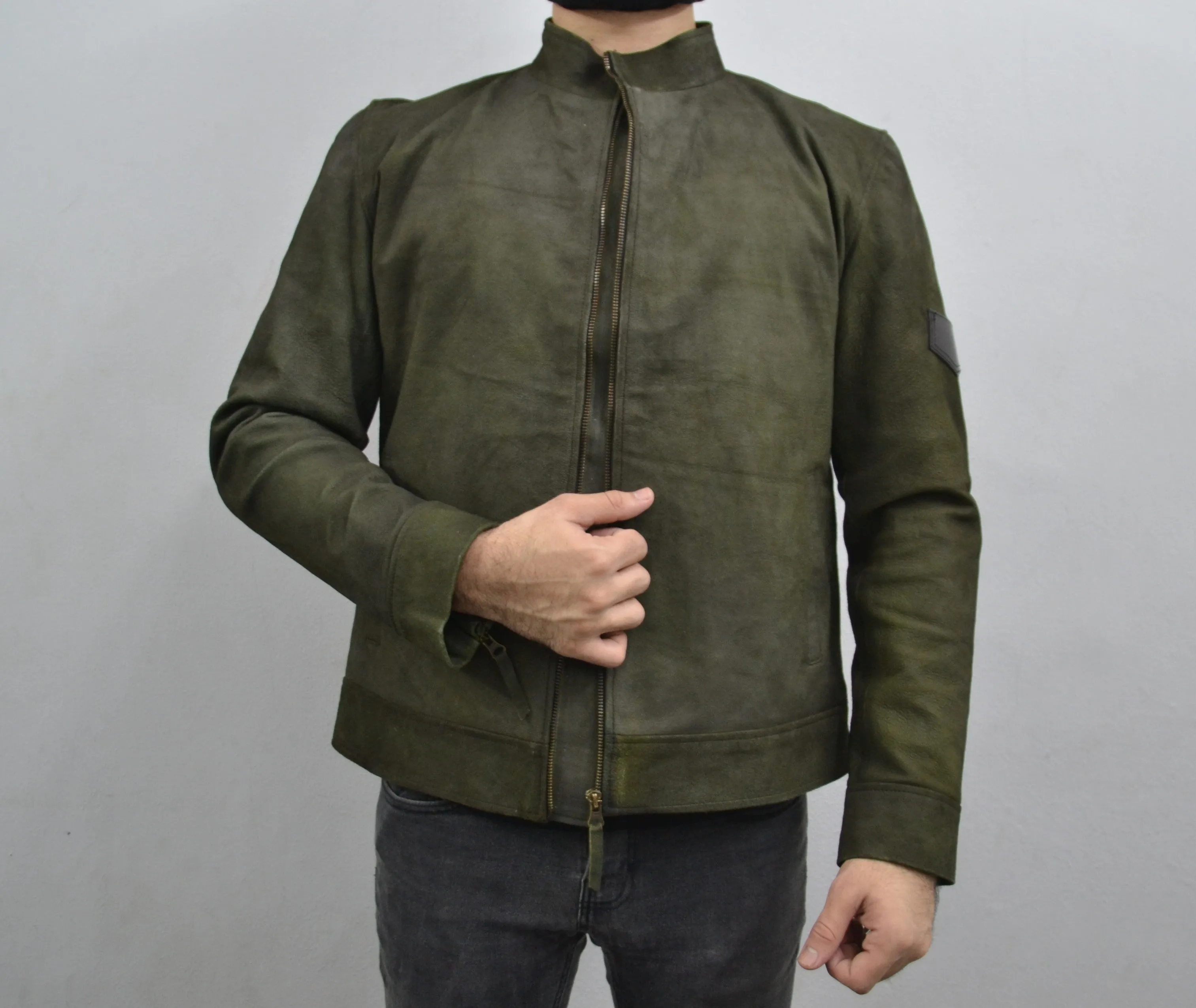 Men's Dark Green Genuine Suede Leather Cafe Racer Jacket