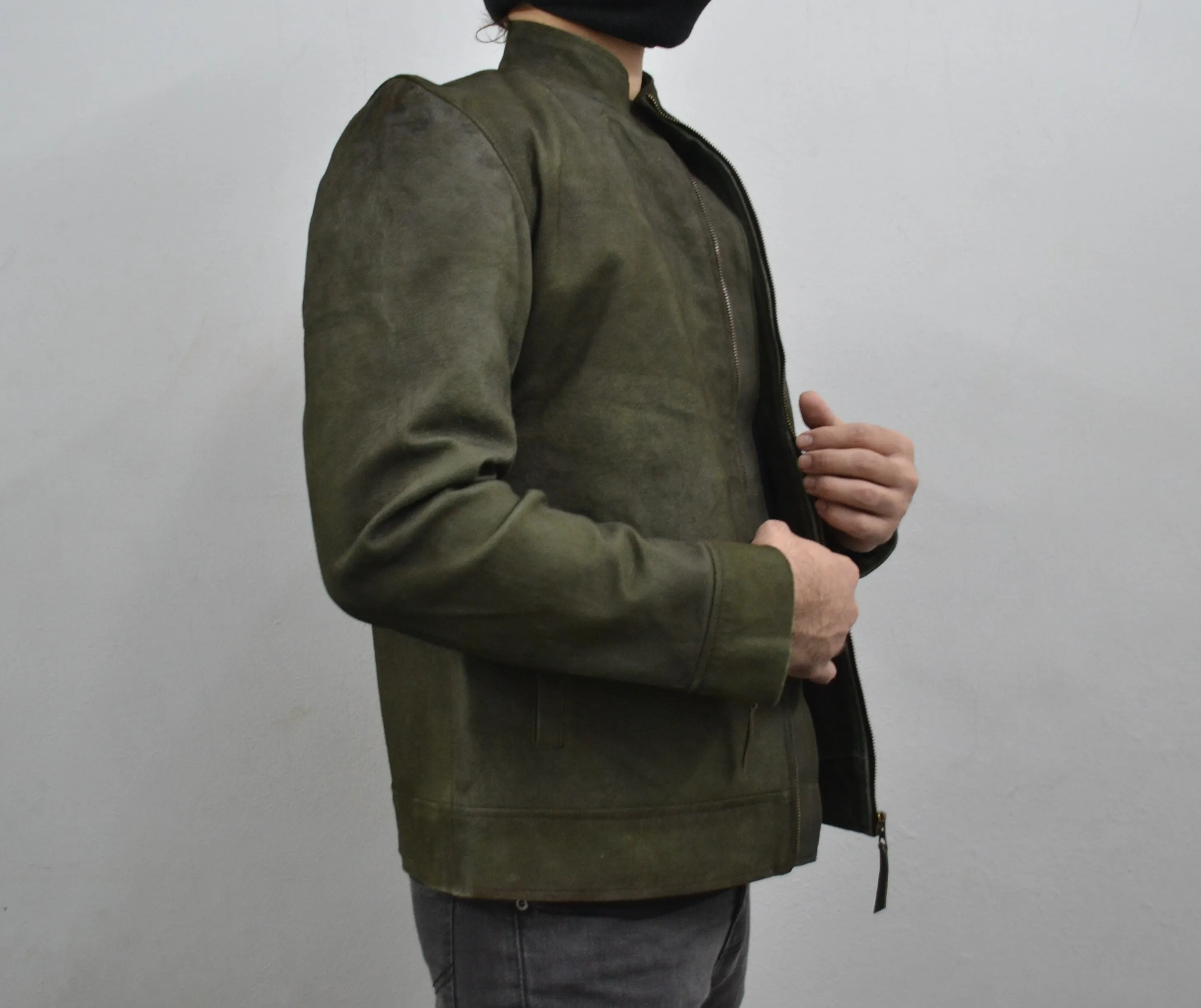 Men's Dark Green Genuine Suede Leather Cafe Racer Jacket