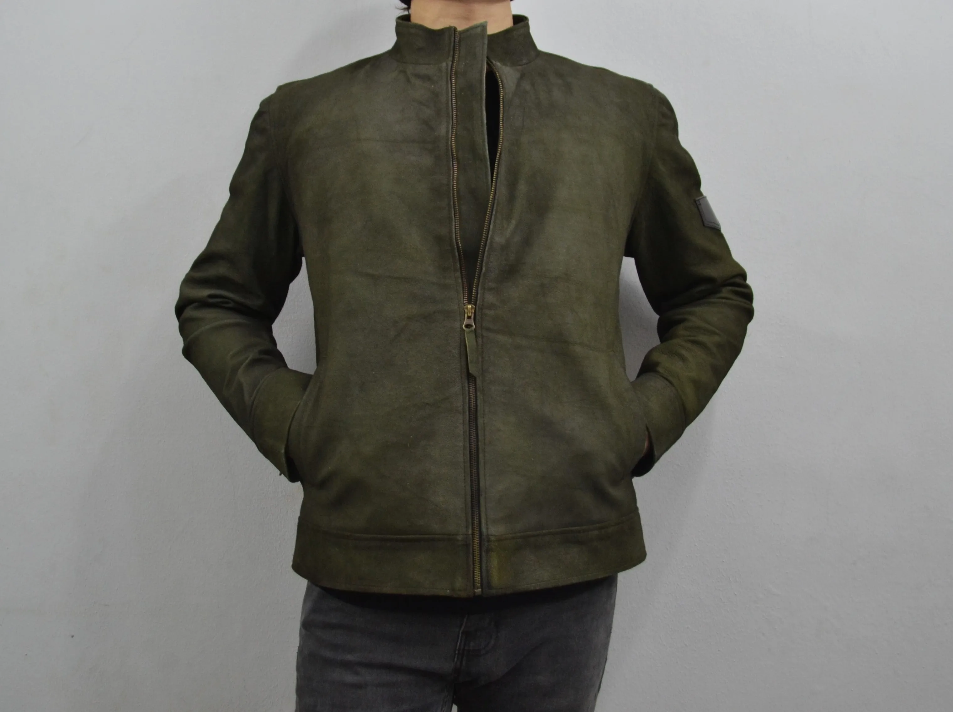 Men's Dark Green Genuine Suede Leather Cafe Racer Jacket