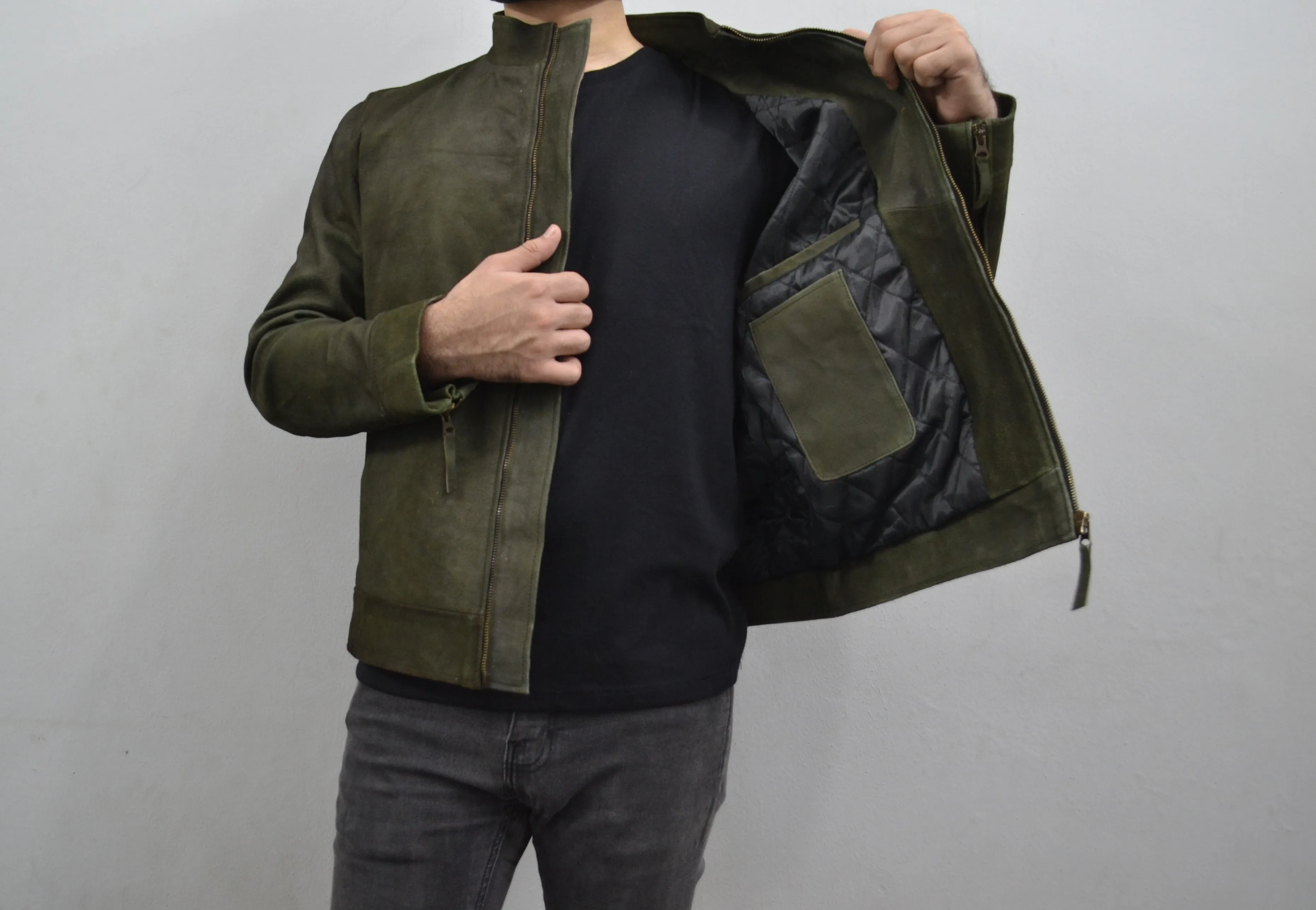 Men's Dark Green Genuine Suede Leather Cafe Racer Jacket