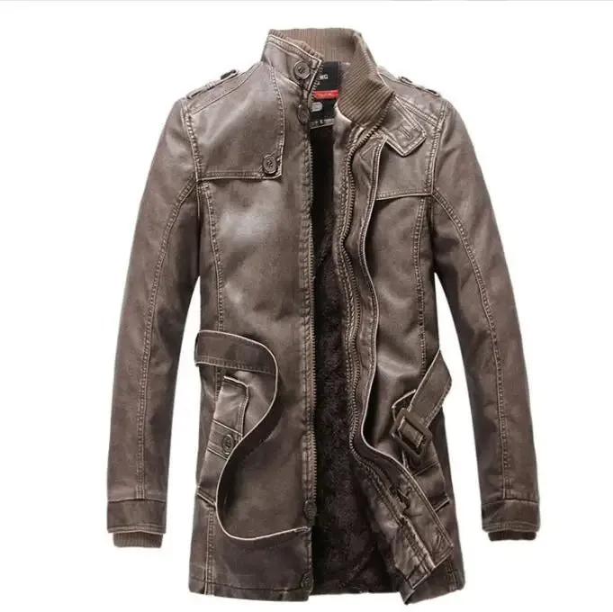 Men's Elegant Long Vegan Leather Jacket with Pockets | Ideal for Autumn/Winter