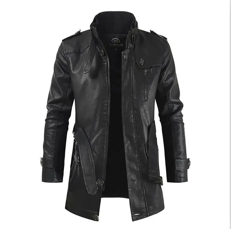 Men's Elegant Long Vegan Leather Jacket with Pockets | Ideal for Autumn/Winter