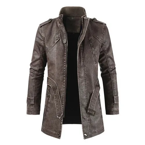Men's Elegant Long Vegan Leather Jacket with Pockets | Ideal for Autumn/Winter