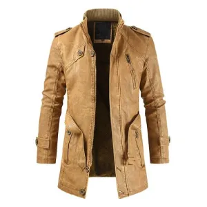 Men's Elegant Long Vegan Leather Jacket with Pockets | Ideal for Autumn/Winter