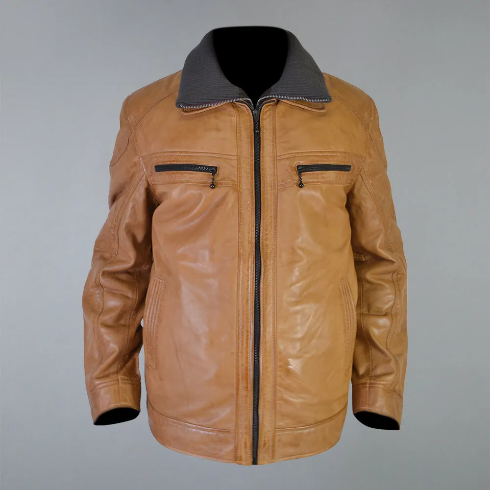Men's Tan Cafe Racer Genuine Sheepskin Leather Jacket