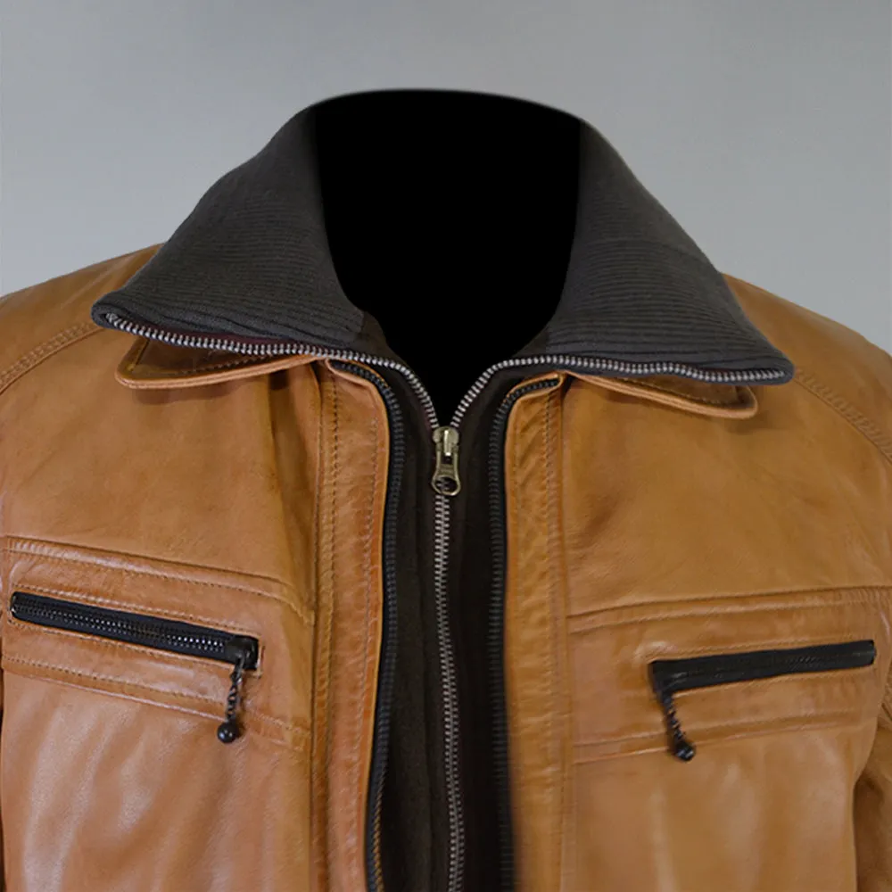 Men's Tan Cafe Racer Genuine Sheepskin Leather Jacket