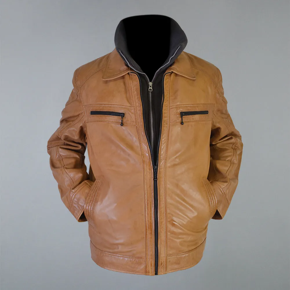 Men's Tan Cafe Racer Genuine Sheepskin Leather Jacket