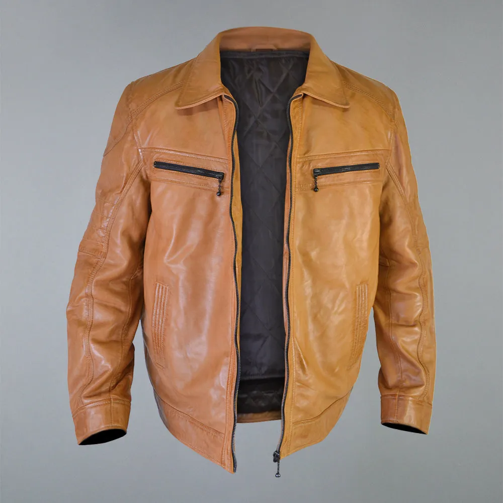 Men's Tan Cafe Racer Genuine Sheepskin Leather Jacket