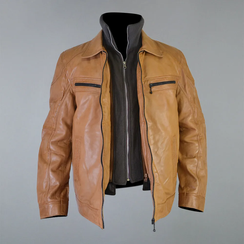 Men's Tan Cafe Racer Genuine Sheepskin Leather Jacket