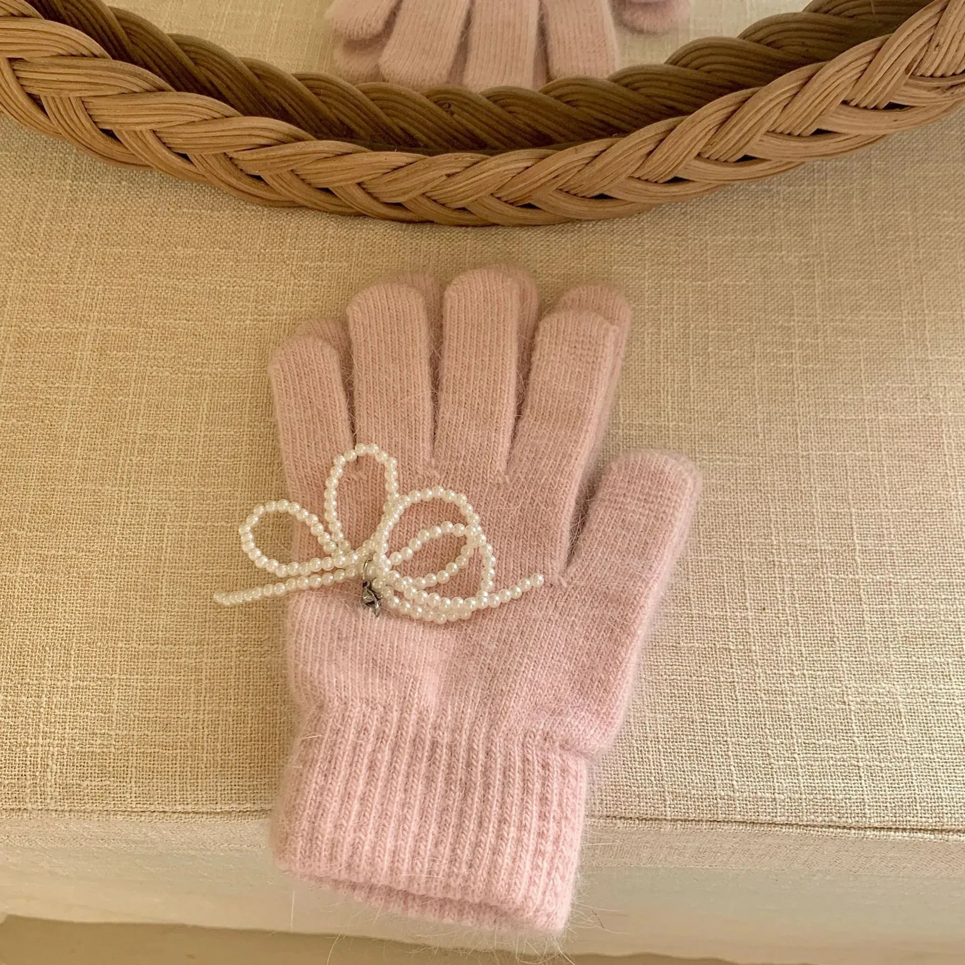 Pearl Bow Knot Winter Wool Furry Thickened Warm Soft Y2k Lolita Cosplay Christmas Glove