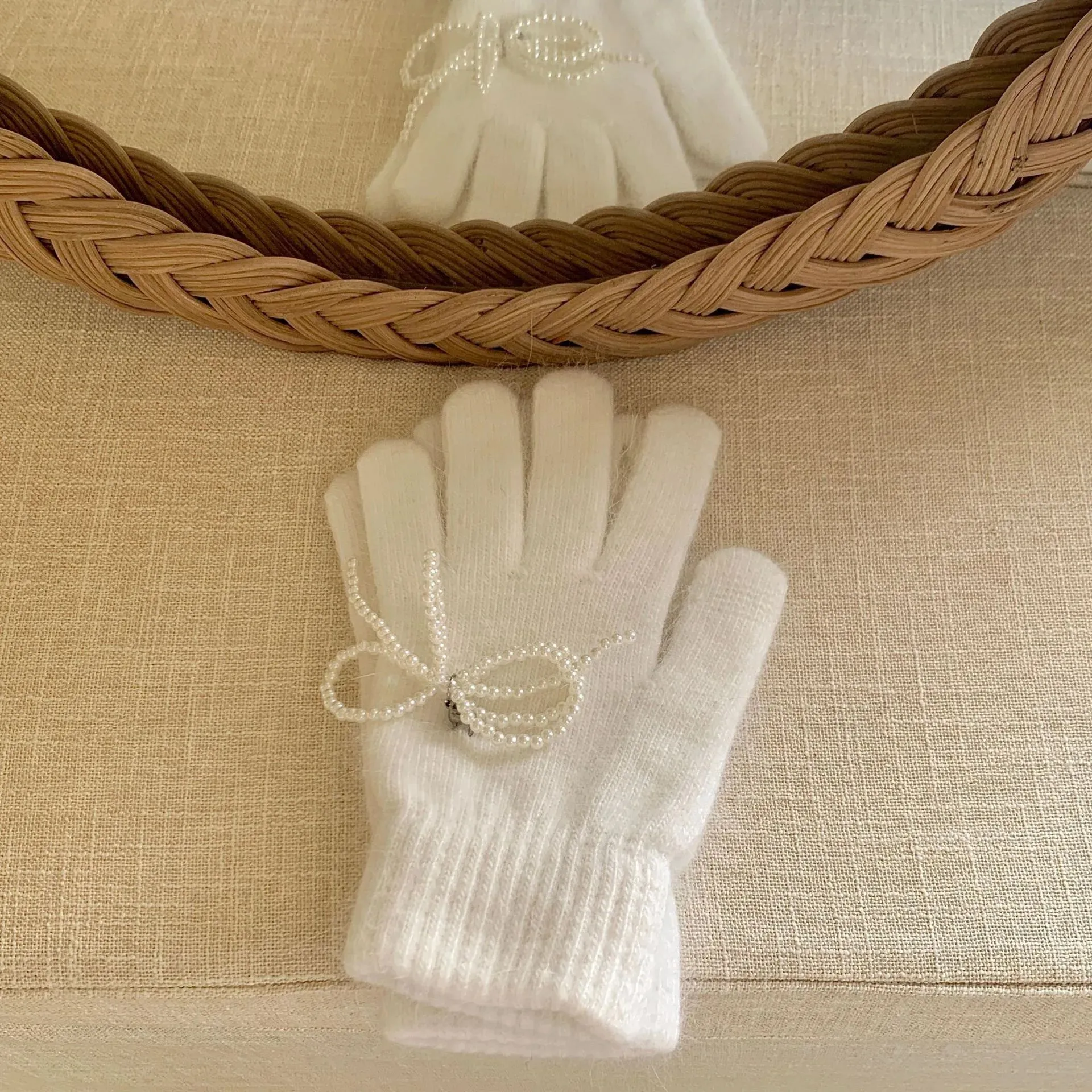 Pearl Bow Knot Winter Wool Furry Thickened Warm Soft Y2k Lolita Cosplay Christmas Glove