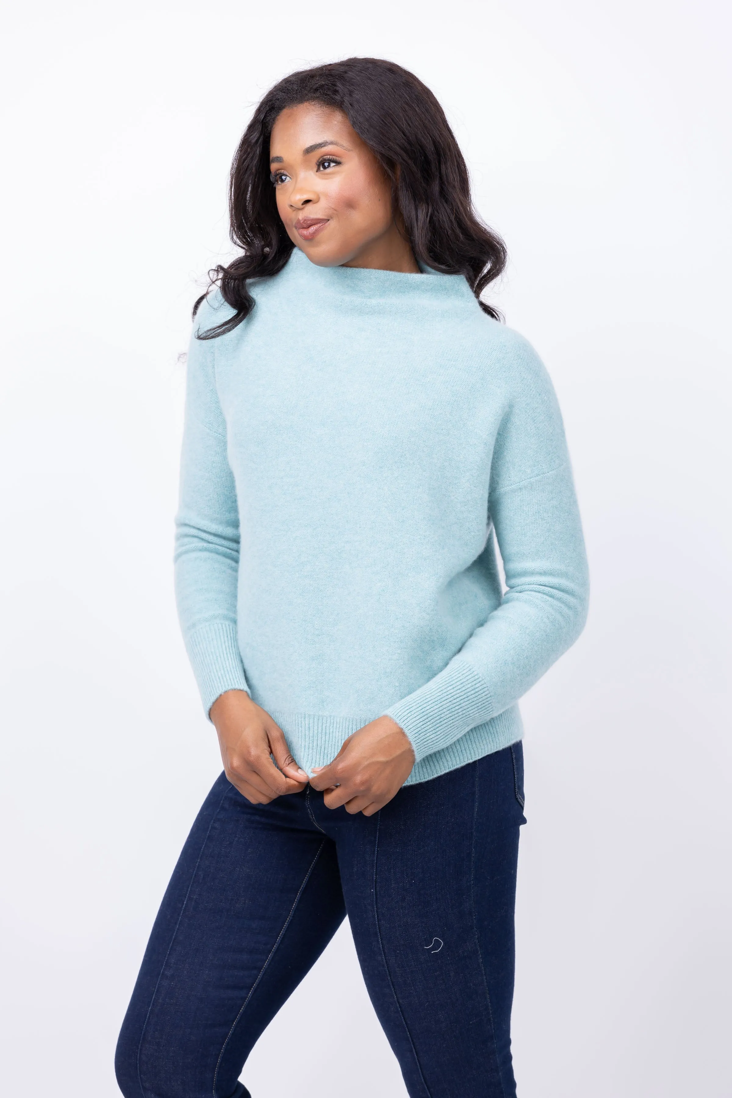 Vince Boiled Funnel Neck Pullover in Aqua Gem