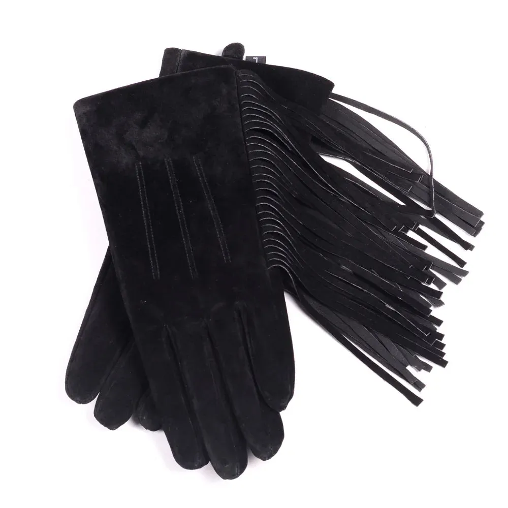 Winter Ladies Genuine Leather Pigskin Suede Tassel Short Gloves