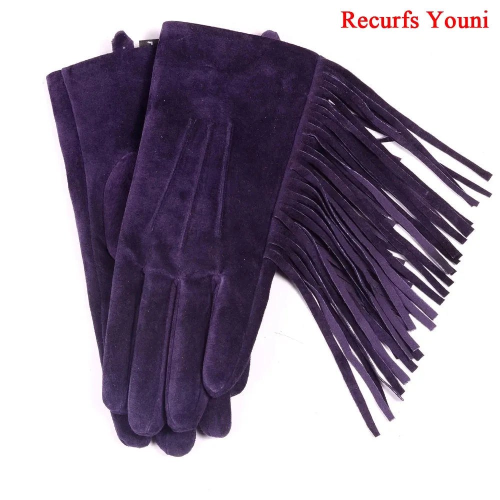 Winter Ladies Genuine Leather Pigskin Suede Tassel Short Gloves