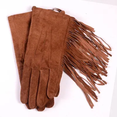 Winter Ladies Genuine Leather Pigskin Suede Tassel Short Gloves