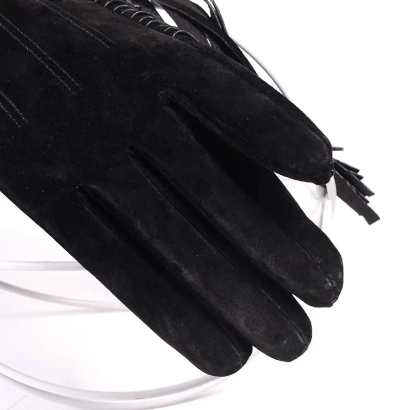 Winter Ladies Genuine Leather Pigskin Suede Tassel Short Gloves