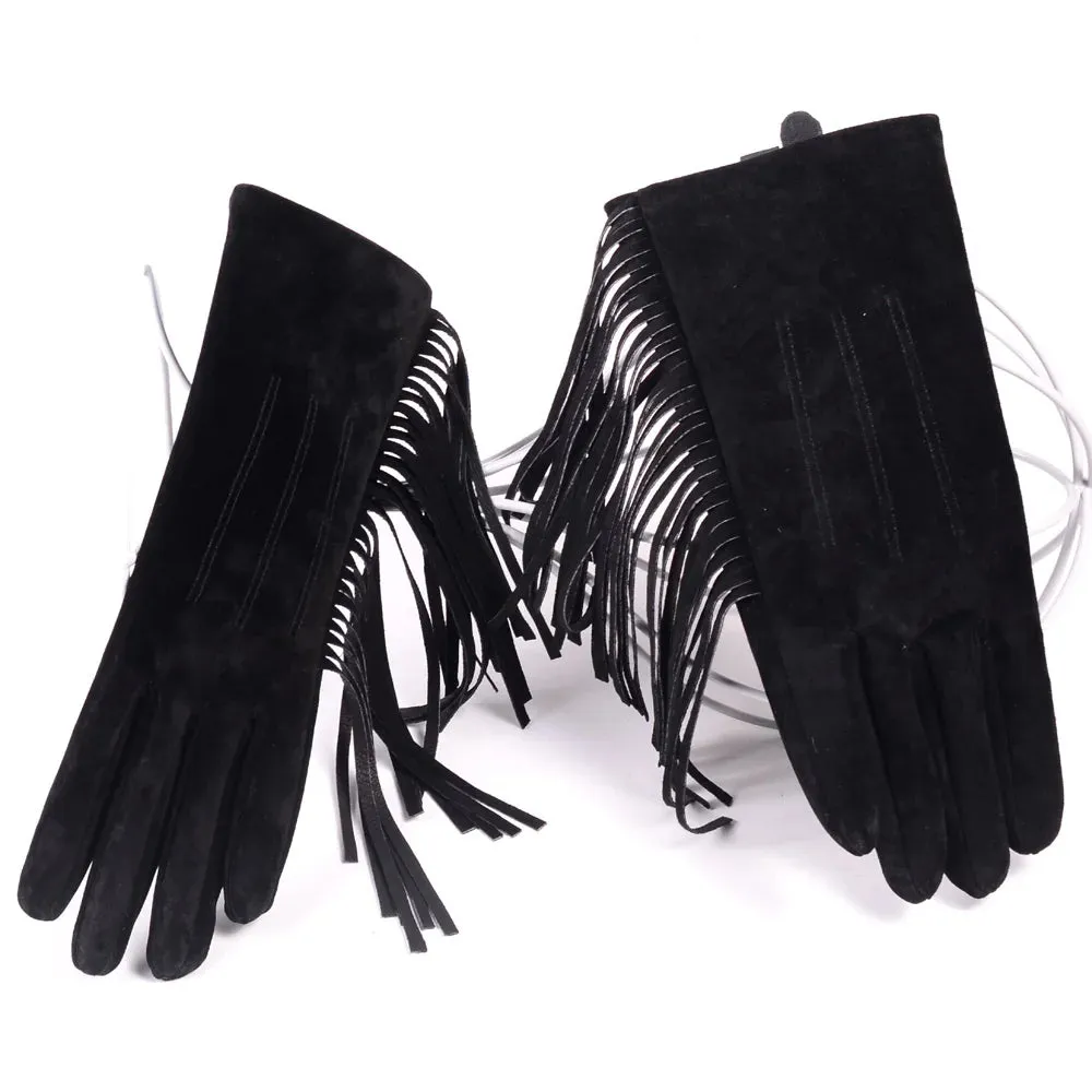 Winter Ladies Genuine Leather Pigskin Suede Tassel Short Gloves