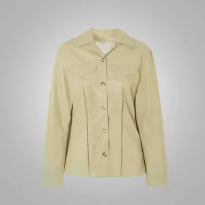 Women's Khaki Smooth Simple Button Closure Leather Shirt