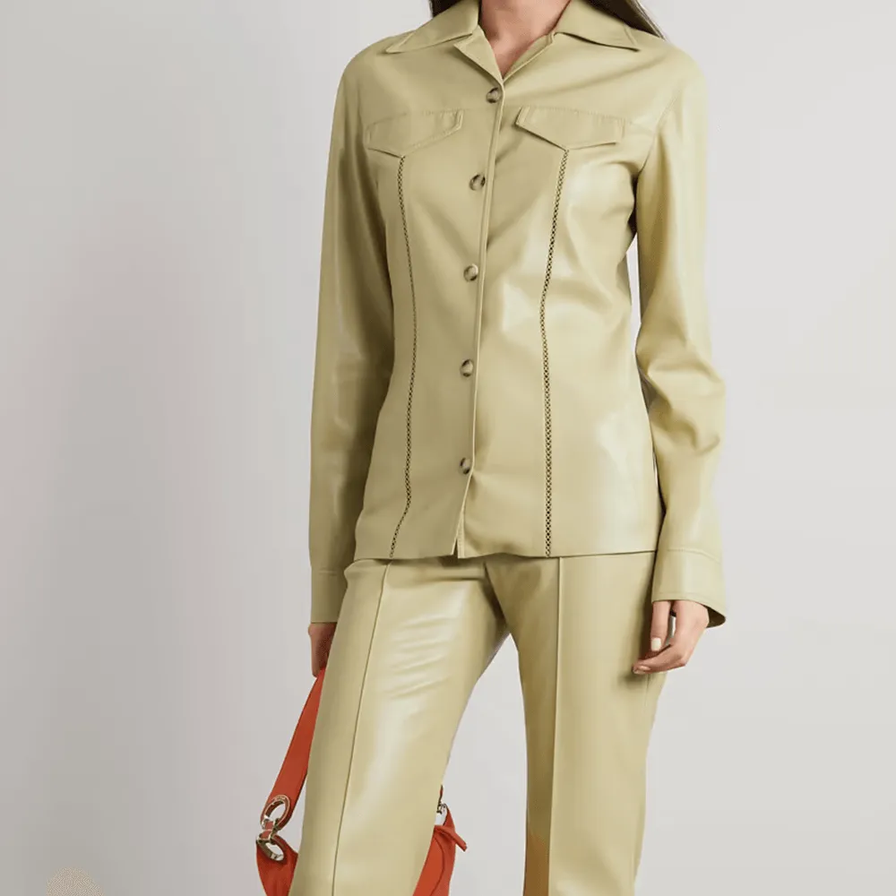 Women's Khaki Smooth Simple Button Closure Leather Shirt